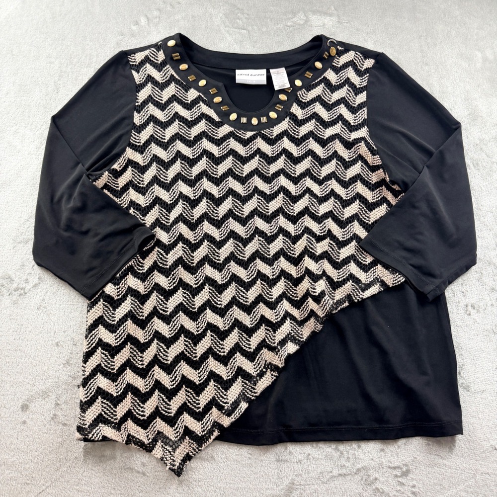 Alfred Dunner Women's Large Petite Black Tan Chevron Studded Neck 3/4 Sleeve Top